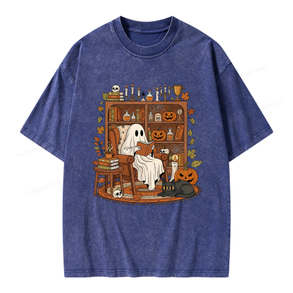 Pagewings Cozy Ghost Reading Halloween Unisex Washed T-shirt