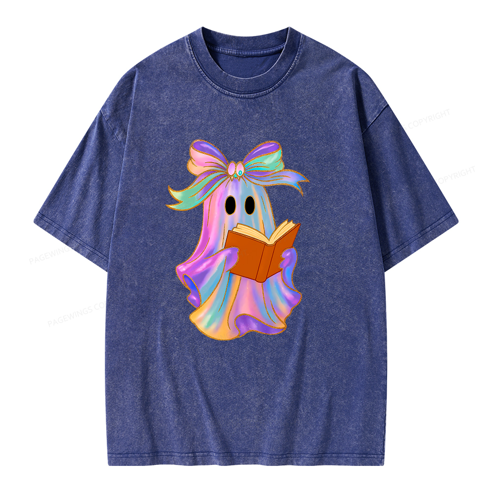 Pagewings Ghost Reading Halloween Unisex Washed T-shirt