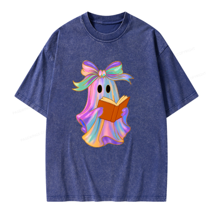 Pagewings Ghost Reading Halloween Unisex Washed T-shirt