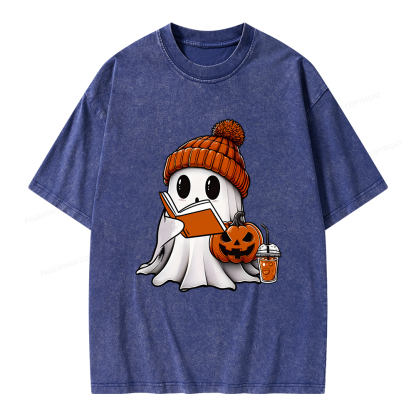 Pagewings Halloween Ghost Book Lover Unisex Washed T-shirt