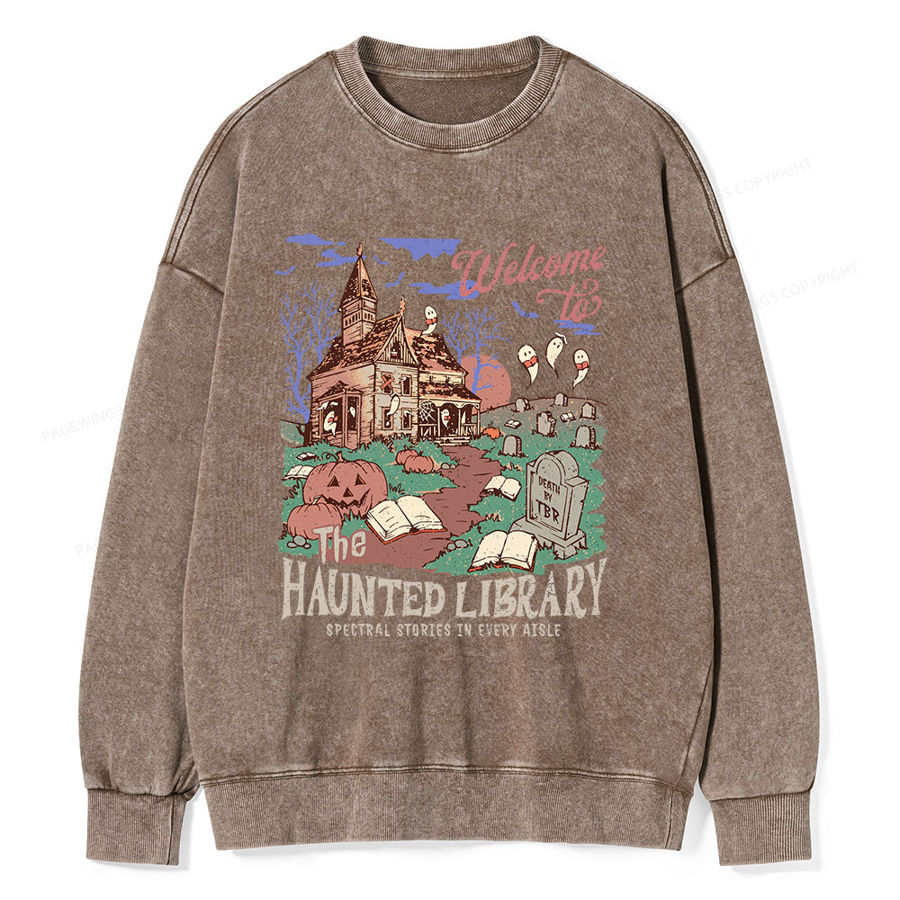 Pagewings Welcome To The Haunted Library Unisex Washed Sweatshirt