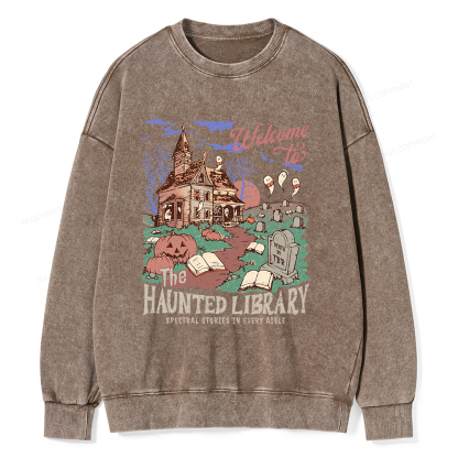 Pagewings Welcome To The Haunted Library Unisex Washed Sweatshirt