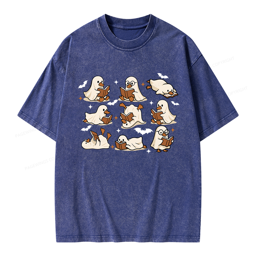 Pagewings Ghost Duck Reading Books Unisex Washed T-shirt
