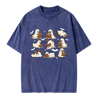 Pagewings Ghost Duck Reading Books Unisex Washed T-shirt