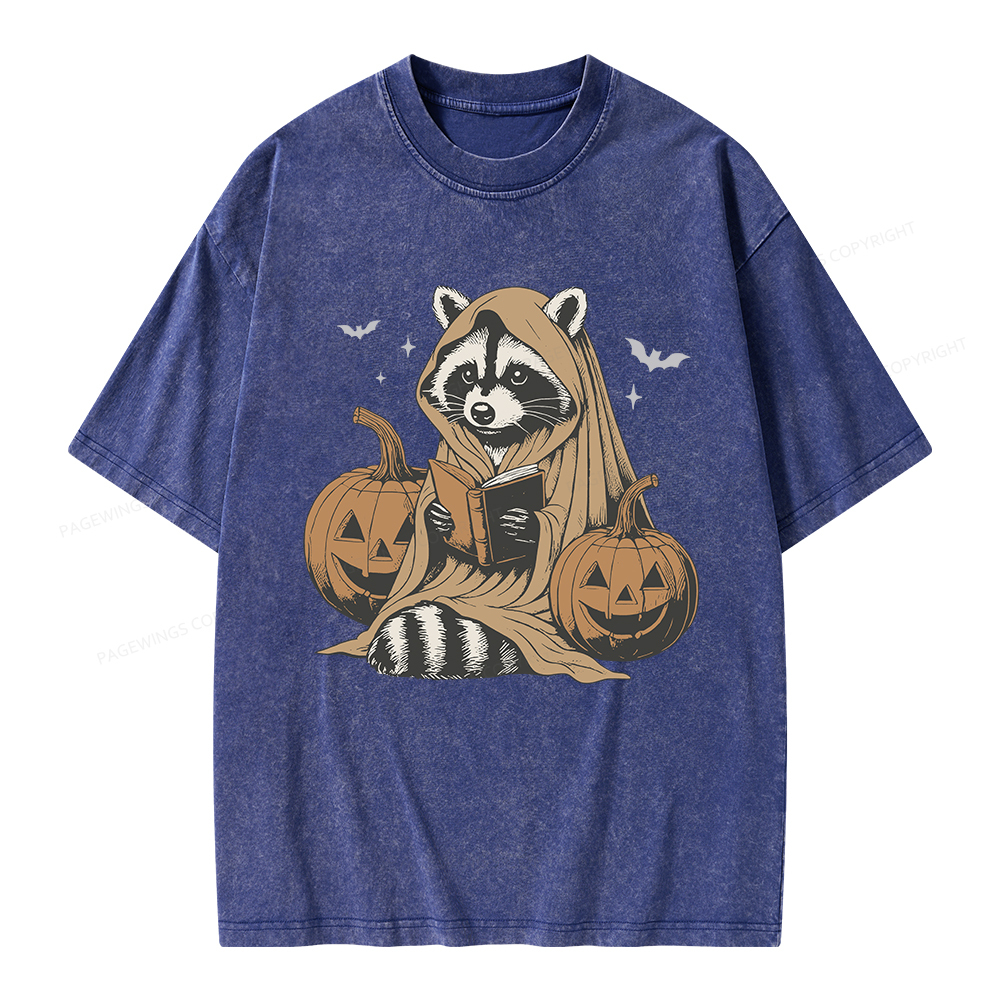 Pagewings Halloween Cute Raccoon Ghost Reading Unisex Washed T-shirt