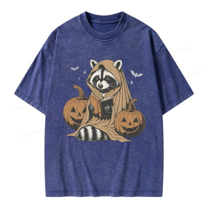 Pagewings Halloween Cute Raccoon Ghost Reading Unisex Washed T-shirt