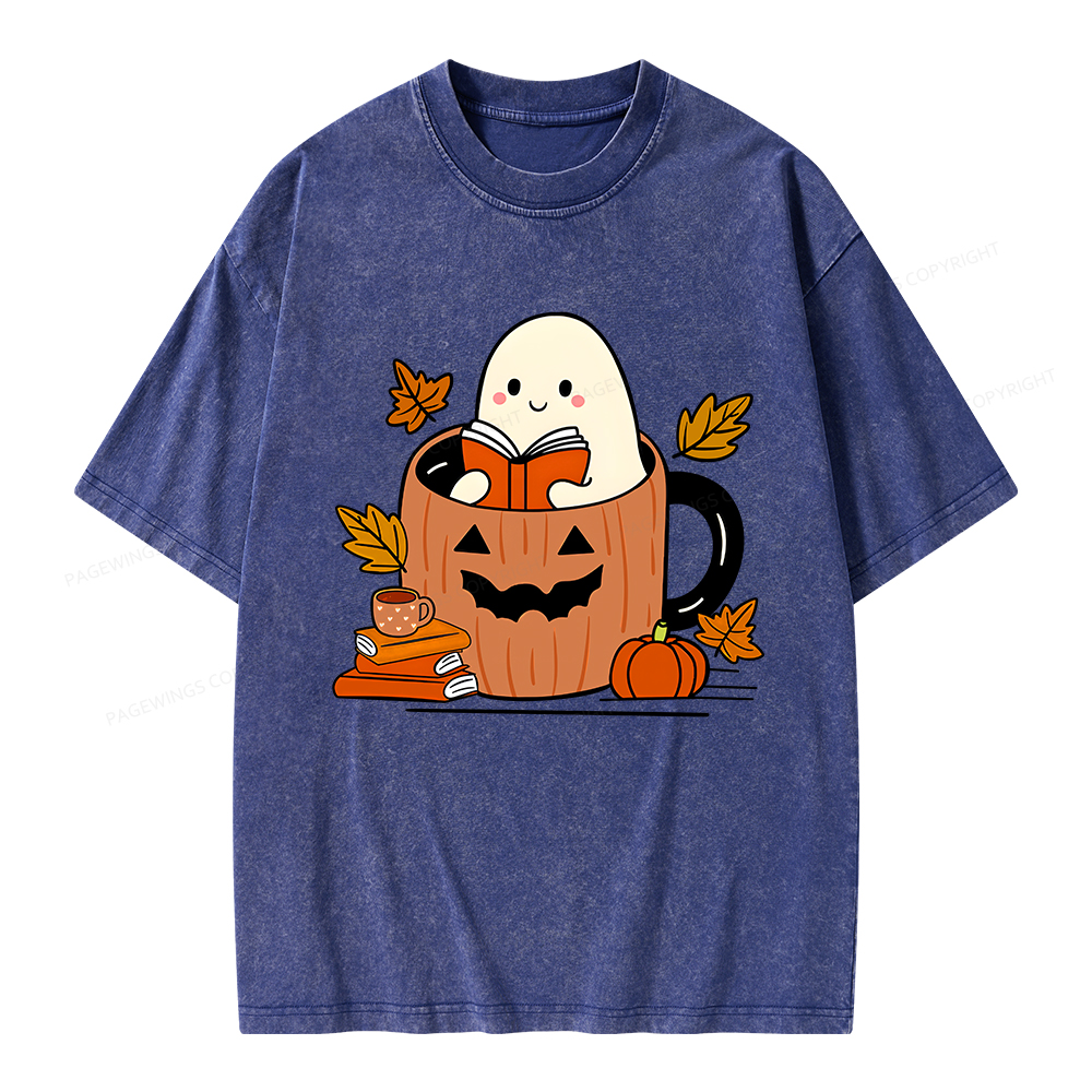 Pagewings Ghost Reading Books Unisex Washed T-shirt