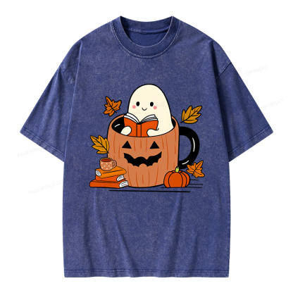 Pagewings Ghost Reading Books Unisex Washed T-shirt