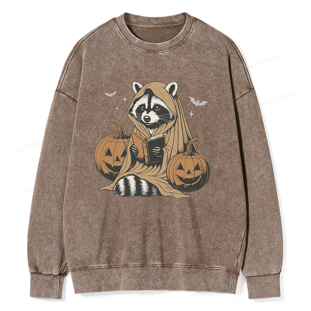 Pagewings Halloween Cute Raccoon Ghost Reading Unisex Washed Sweatshirt