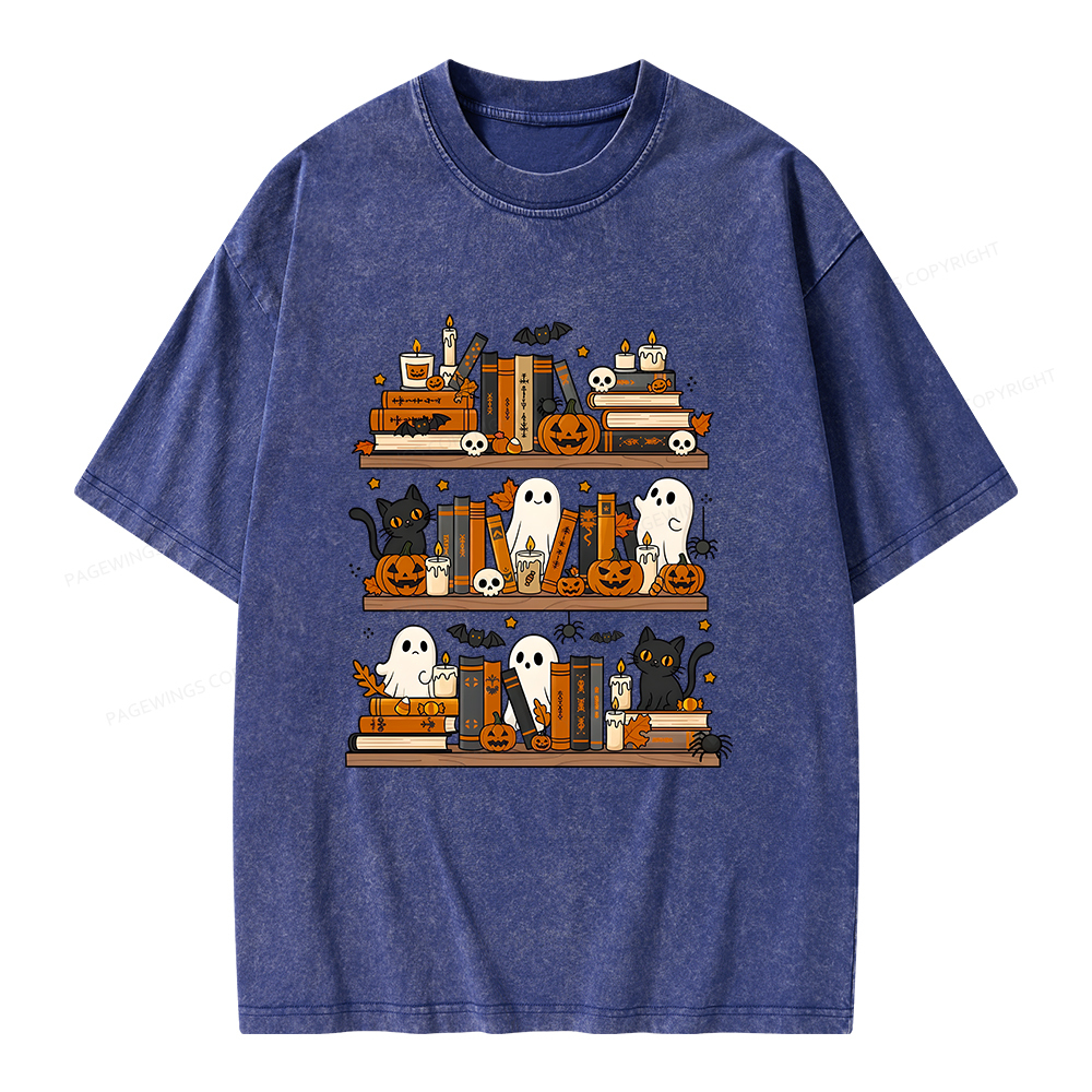 Pagewings Spooky Bookshelf Unisex Washed T-shirt