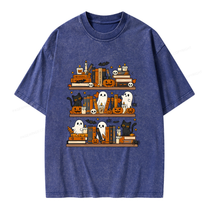 Pagewings Spooky Bookshelf Unisex Washed T-shirt