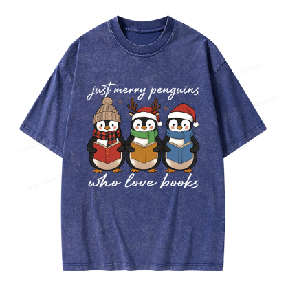 Pagewings Just Merry Penguins Who Love Books Unisex Washed T-shirt