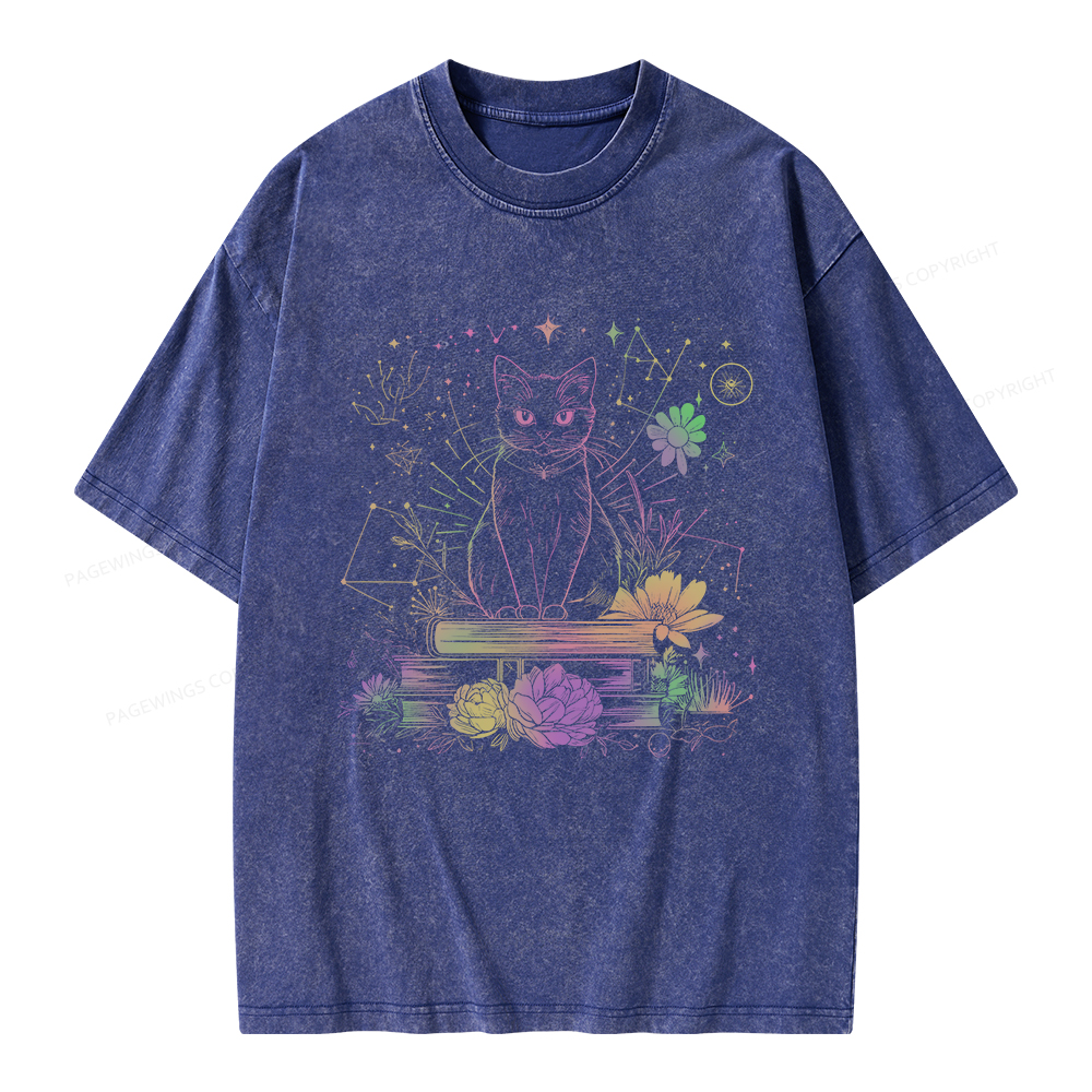 Pagewings Black Cat Book Lover Unisex Washed T-shirt