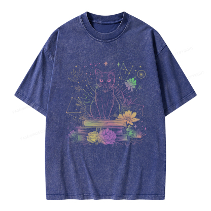 Pagewings Black Cat Book Lover Unisex Washed T-shirt