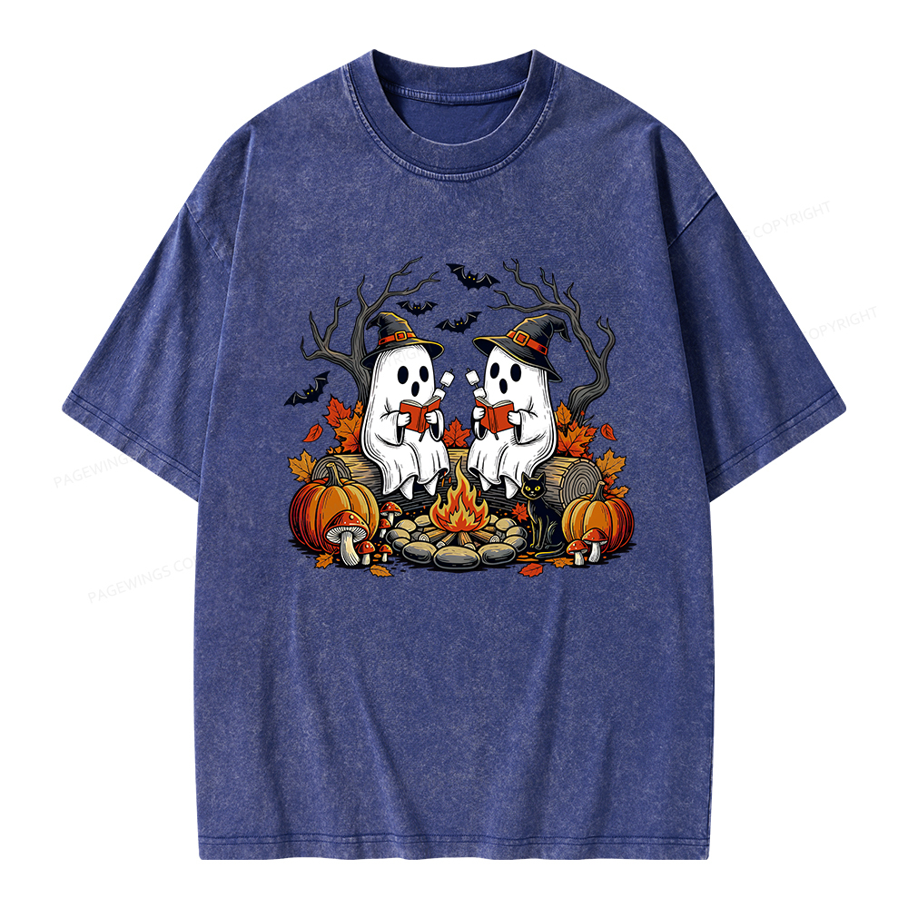 Pagewings Bookish Ghost Halloween Fall Camping  Unisex Washed T-shirt
