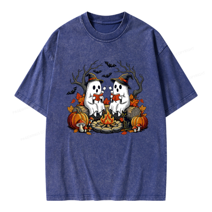Pagewings Bookish Ghost Halloween Fall Camping  Unisex Washed T-shirt