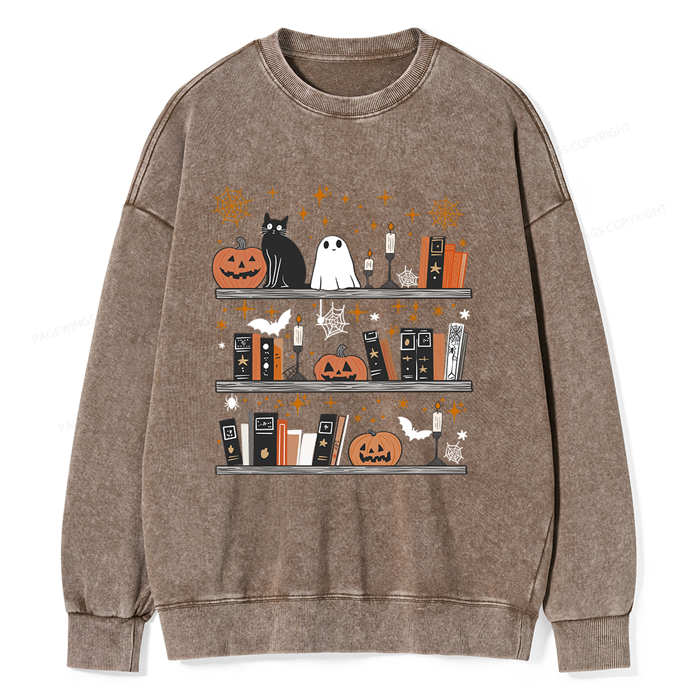 Pagewings Halloween Book Shelf Summerween Unisex Washed Sweatshirt