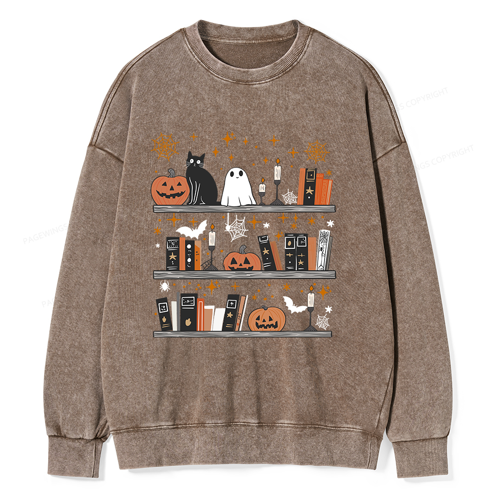 Pagewings Halloween Book Shelf Summerween Unisex Washed Sweatshirt