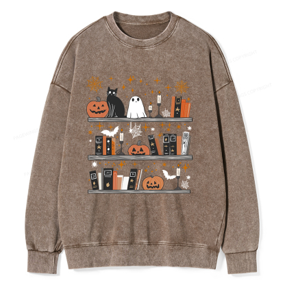 Pagewings Halloween Book Shelf Summerween Unisex Washed Sweatshirt
