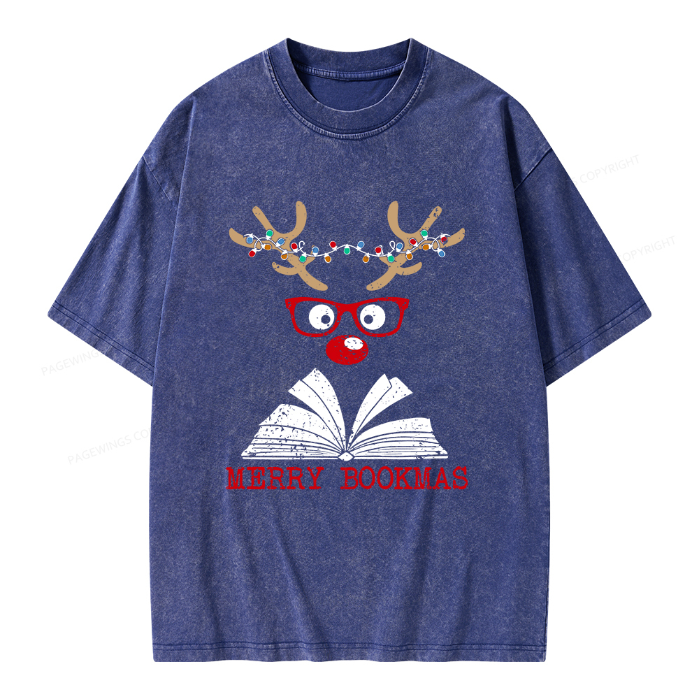 Pagewings Christmas Reindeer Reading Unisex Washed T-shirt