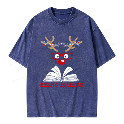 Pagewings Christmas Reindeer Reading Unisex Washed T-shirt