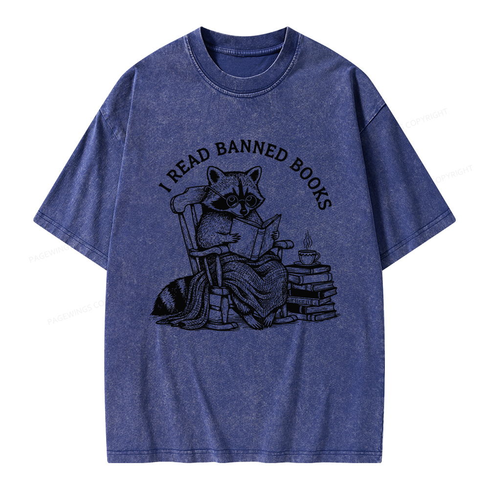 Pagewings I Read Banned Books Raccoon Reading Unisex Washed T-shirt