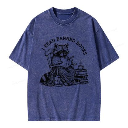 Pagewings I Read Banned Books Raccoon Reading Unisex Washed T-shirt