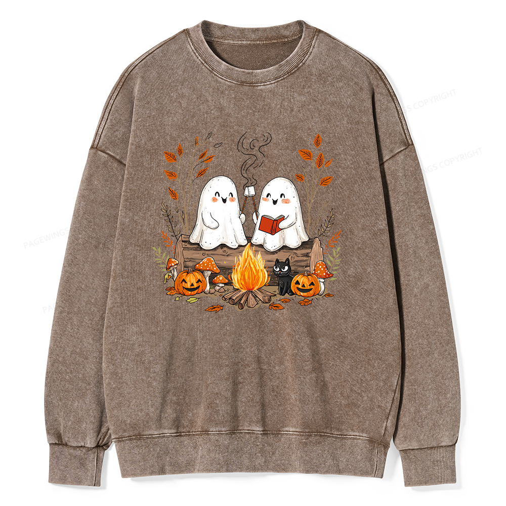 Pagewings Cute Ghost Halloween Unisex Washed Sweatshirt