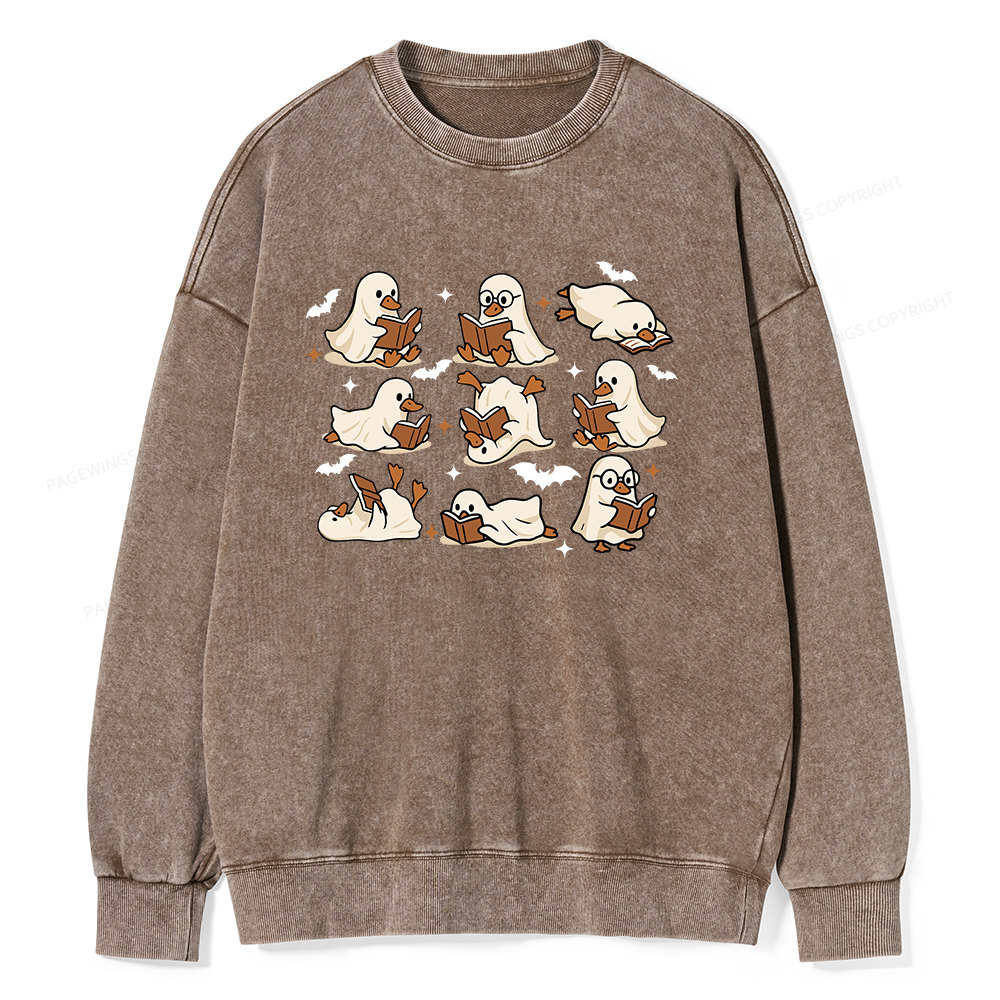 Pagewings Ghost Duck Reading Books Unisex Washed Sweatshirt