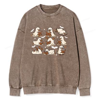Pagewings Ghost Duck Reading Books Unisex Washed Sweatshirt