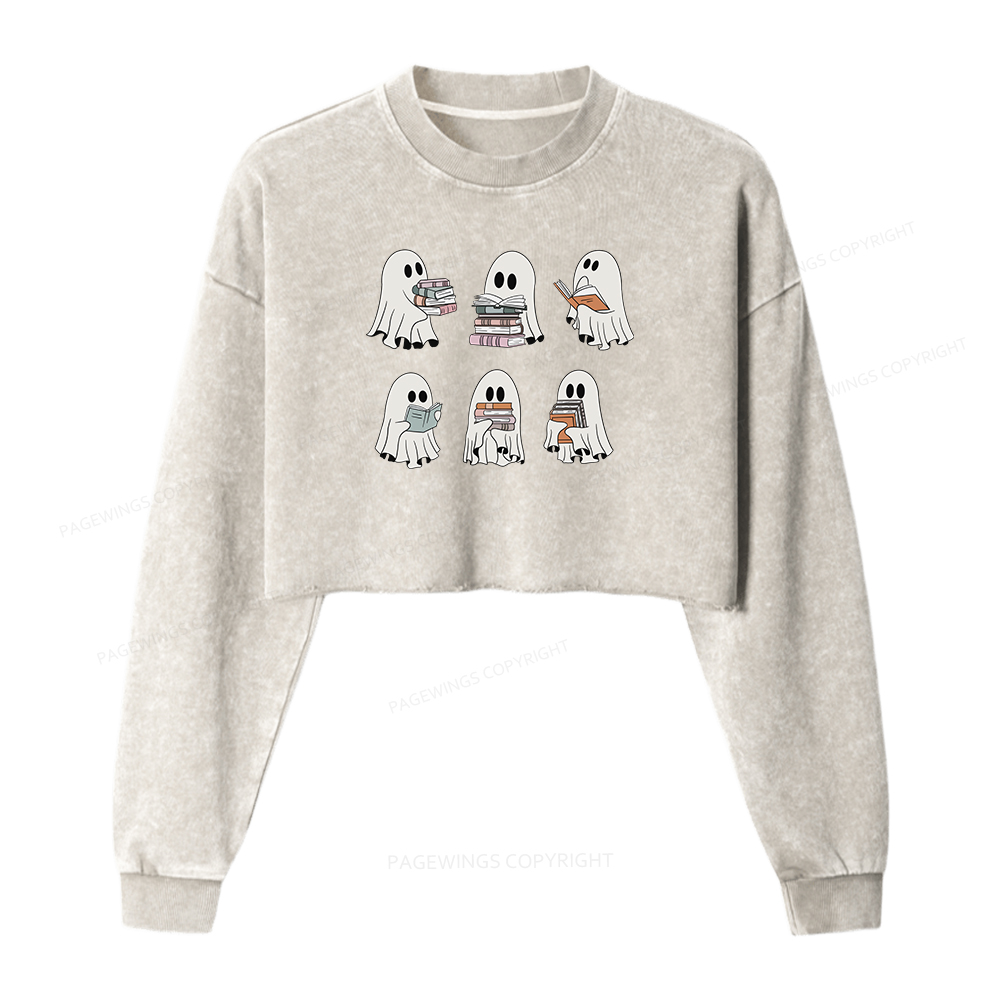 Pagewings Ghost Reading Halloween Women Washed Crop Sweatshirt