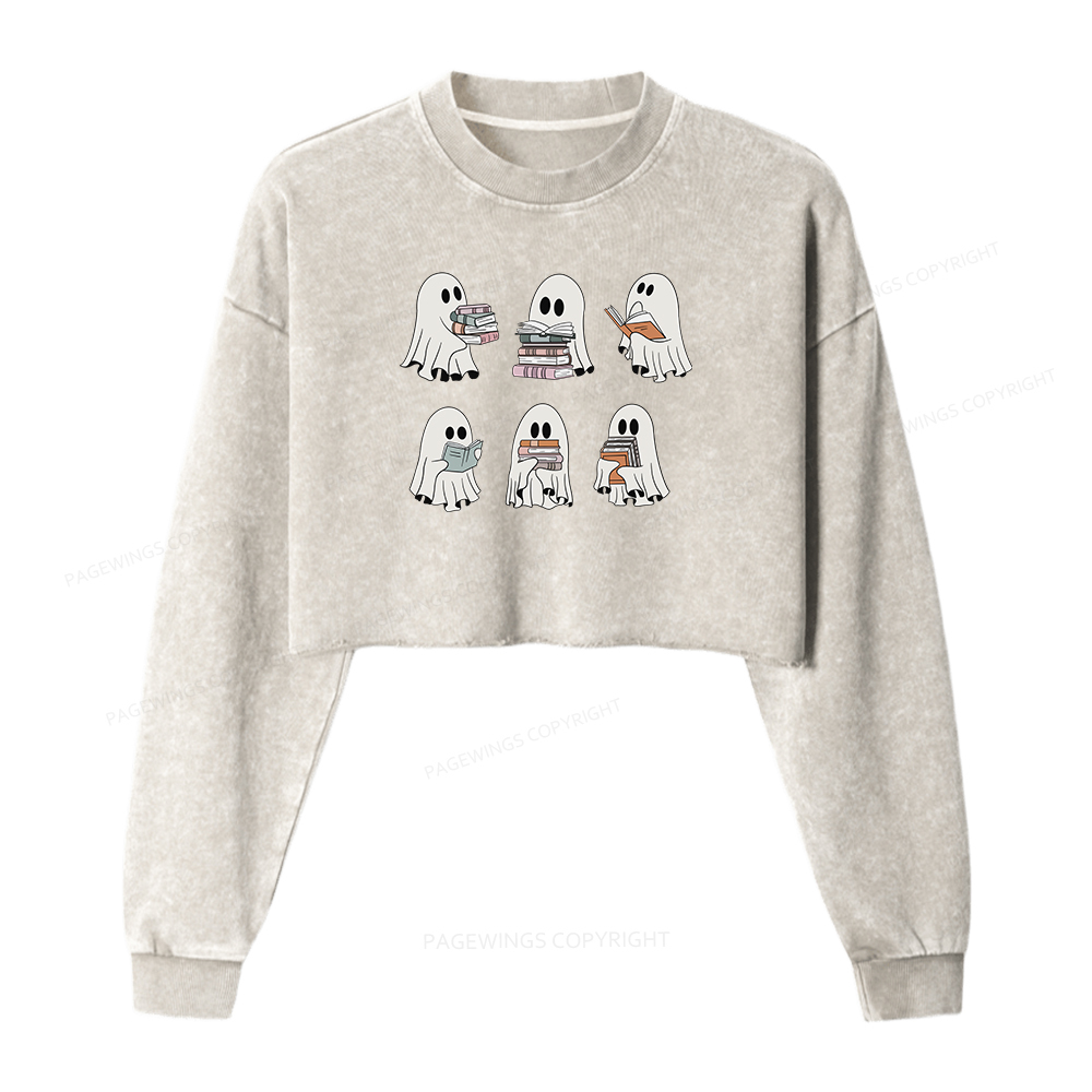 Pagewings Ghost Reading Halloween Women Washed Crop Sweatshirt
