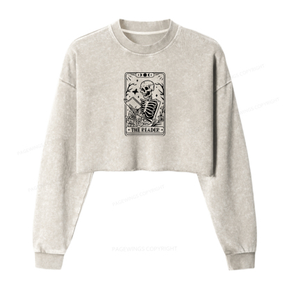 Pagewings Halloween The Reader Tarot Card Women Washed Crop Sweatshirt