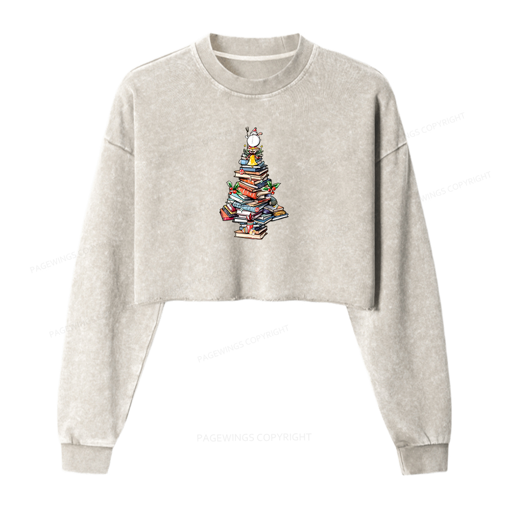 Pagewings Book Christmas Women Washed Crop Sweatshirt