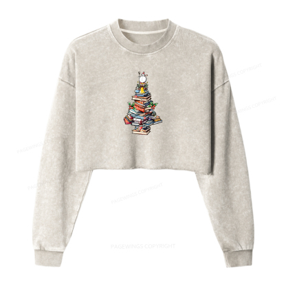 Pagewings Book Christmas Women Washed Crop Sweatshirt