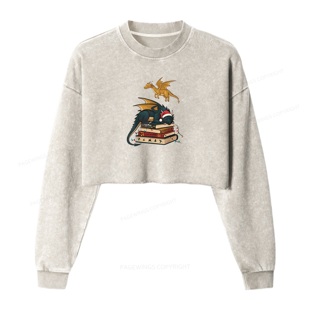 Pagewings Fourth Wing Dragons Christmas Women Washed Crop Sweatshirt