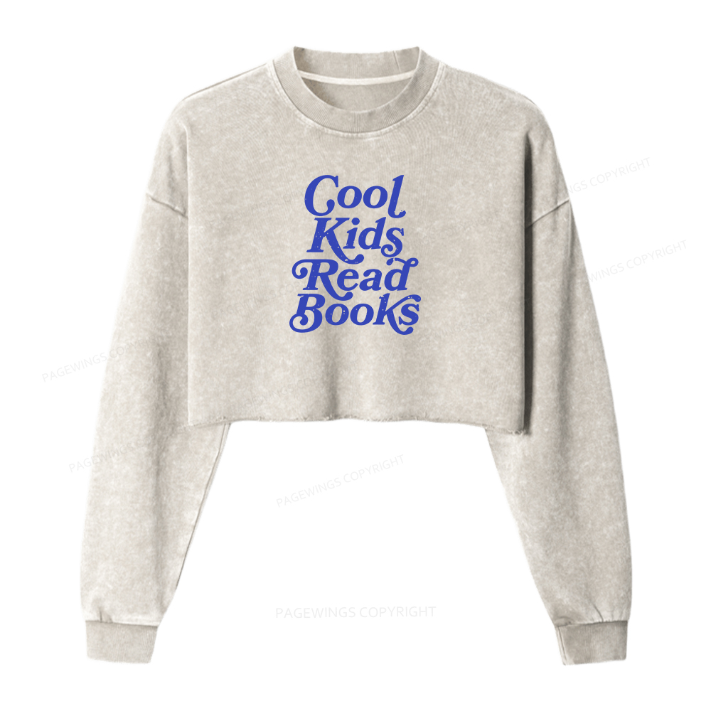 Pagewings Cool Kids Read Books Women Washed Crop Sweatshirt