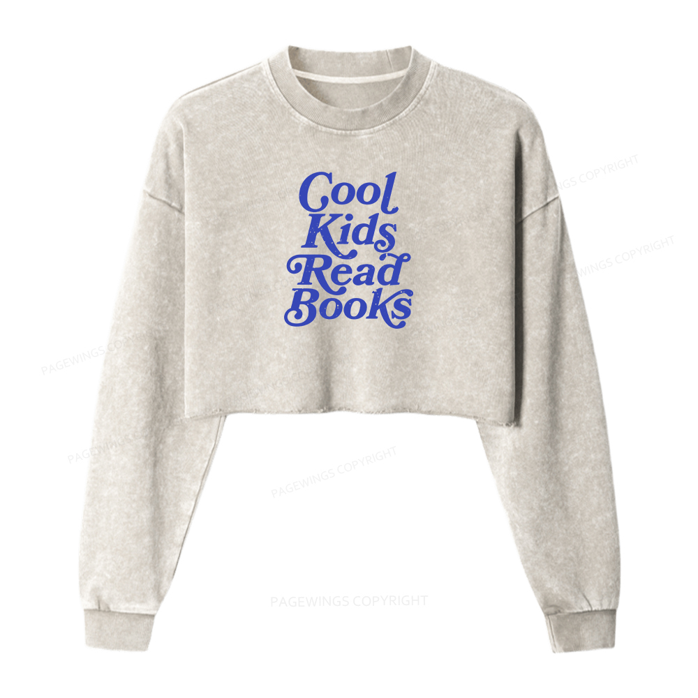 Pagewings Cool Kids Read Books Women Washed Crop Sweatshirt