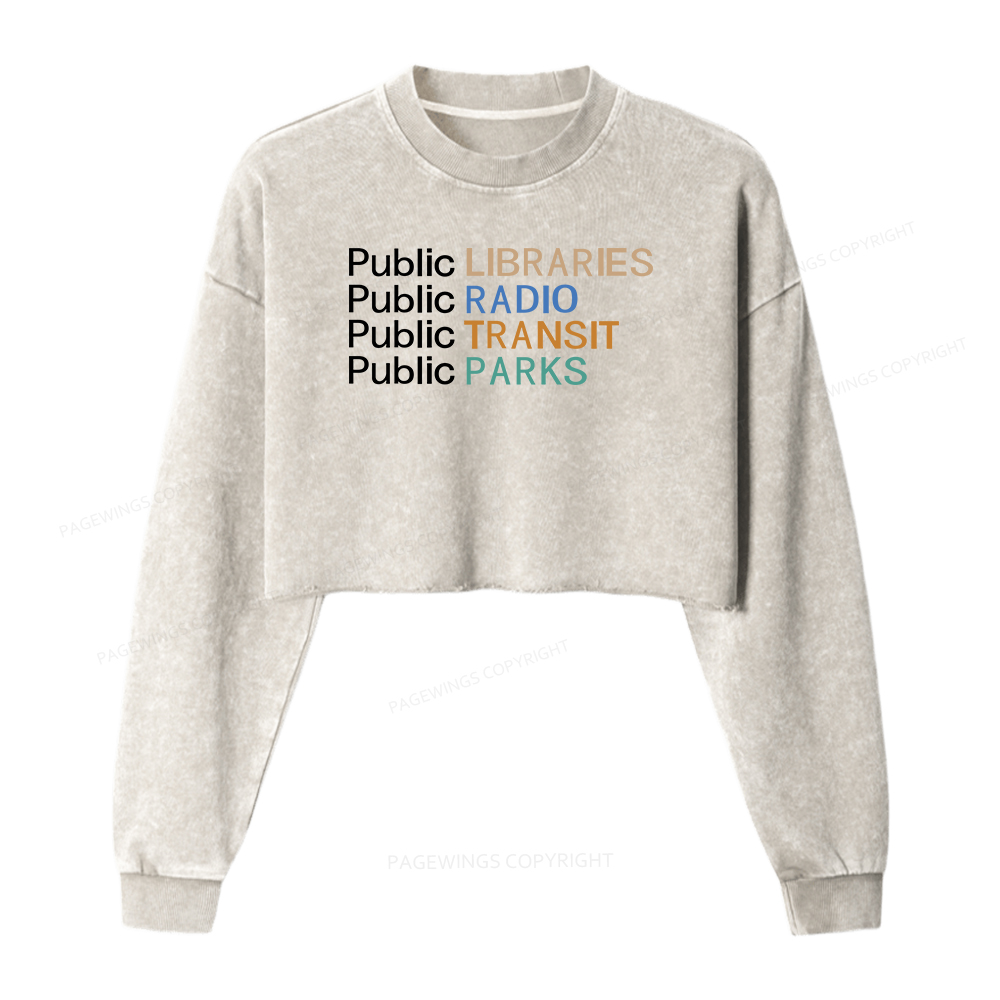 Pagewings Public Libraries Radio Transit Parks Women Washed Crop Sweatshirt
