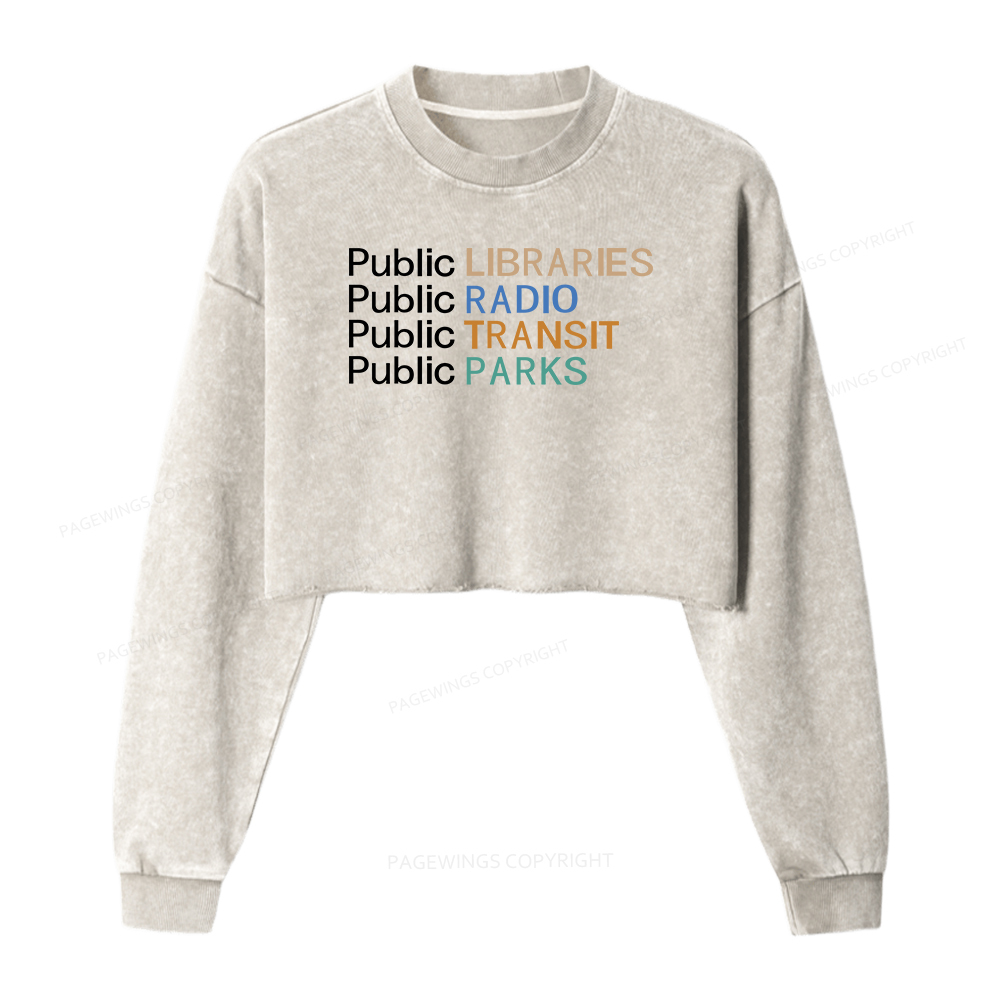 Pagewings Public Libraries Radio Transit Parks Women Washed Crop Sweatshirt