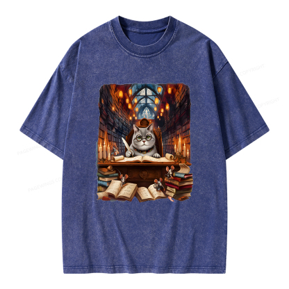 Pagewings Cat Books Unisex Washed T-shirt