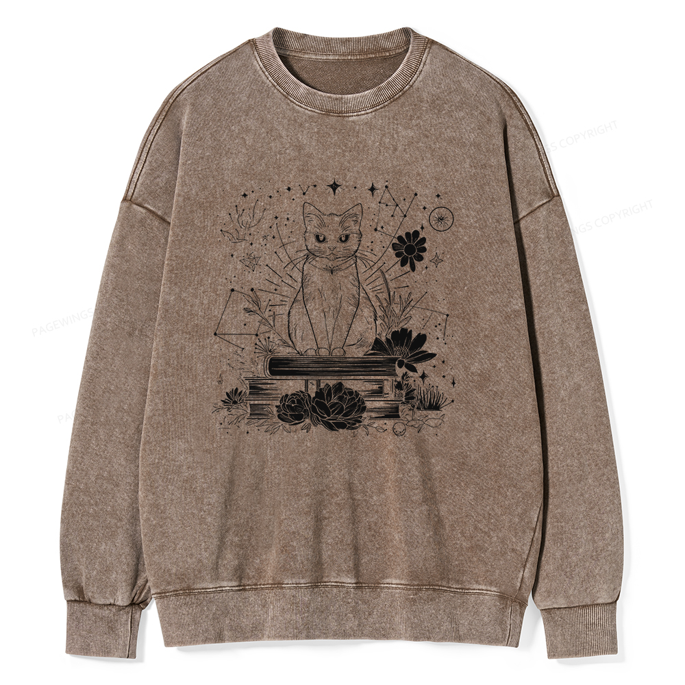 Pagewings Black Cat Book Lover Unisex Washed Sweatshirt