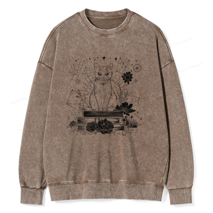 Pagewings Black Cat Book Lover Unisex Washed Sweatshirt