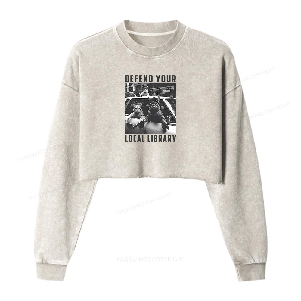 Pagewings Defend Your Local Library Women Washed Crop Sweatshirt