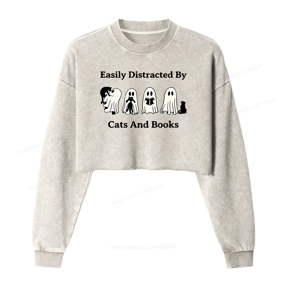 Pagewings Easily Distracted By Cats And Books Women Washed Crop Sweatshirt