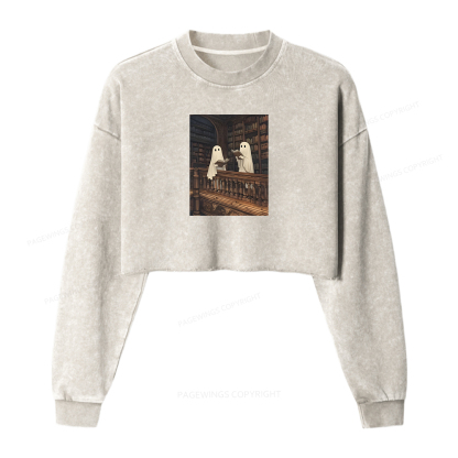 Pagewings Halloween Ghost Reading Women Washed Crop Sweatshirt