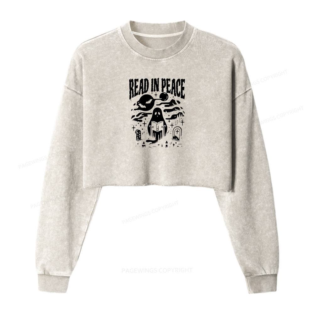 Pagewings Halloween Read In Peace Ghost Reading Women Washed Crop Sweatshirt