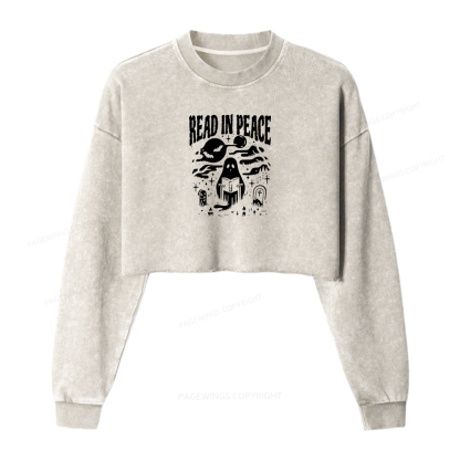 Pagewings Halloween Read In Peace Ghost Reading Women Washed Crop Sweatshirt