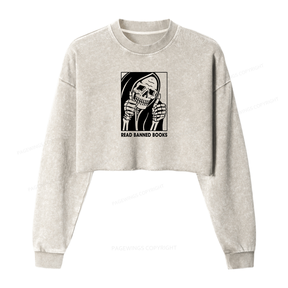 Pagewings Read Banned Books Women Washed Crop Sweatshirt