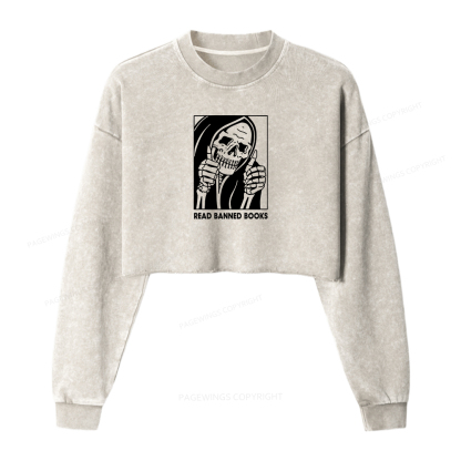 Pagewings Read Banned Books Women Washed Crop Sweatshirt